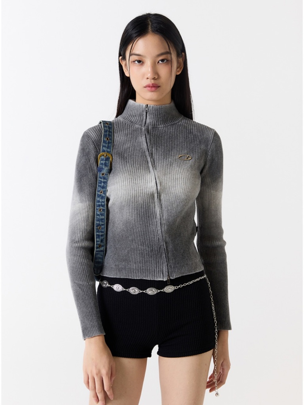 Odd Studio Korea Gray Gradient Asymmetrical Zip Ribbed Knit Top Wool Blend XS